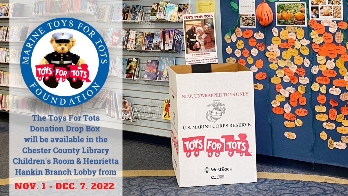 Both Chester County Library in Exton and our Henrietta Hankin Branch in Chester Springs will kick off our Toys for Tots donation drive today! You will be able to drop off new, unwrapped toys at both locations until December 7th. #toys4tots