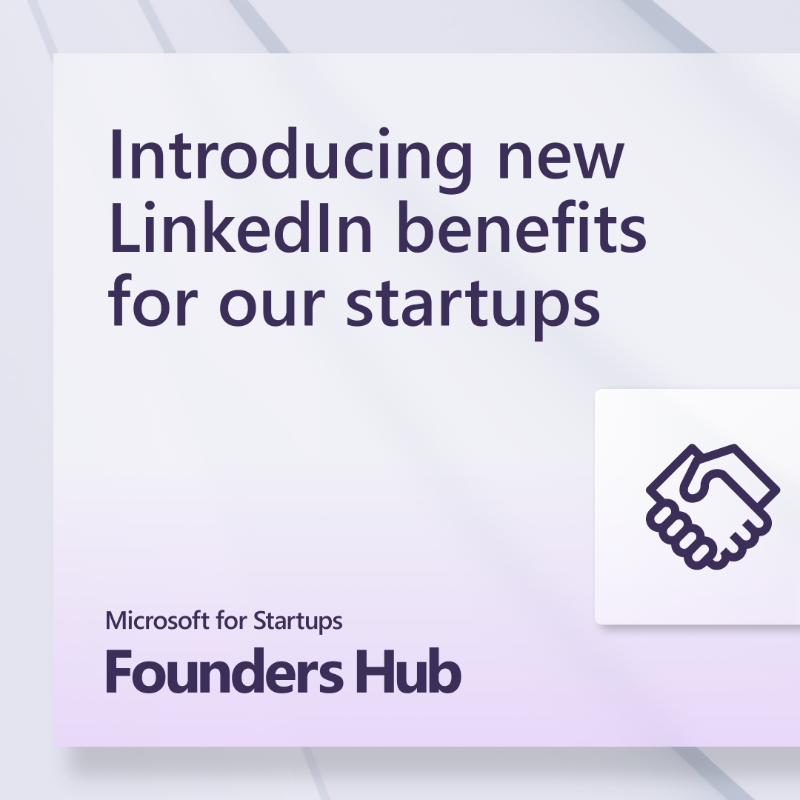 msft4startups's tweet photo. Today, we're excited to announce that Founders Hub startups can access @LinkedIn's solutions to help them hire talent, find customers and build their brand as part of our member benefits. Head to the blog for more details on this exciting new offering.