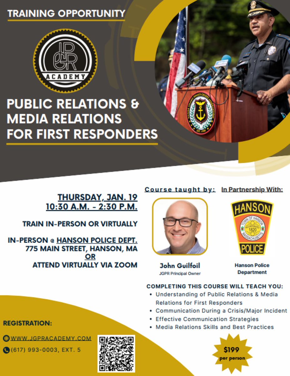 MAWLE1's tweet photo. Join @JGPRAcademy for their PR/media relations course, in-person or virtual. #training #lawenforcement #firstresponders #JGPR #mawle https://t.co/ix1Und1X1V