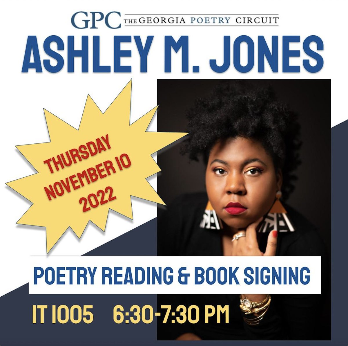 GaSo_writling's tweet photo. Georgia Poetry Circuit is bringing Ashley M. Jones to Statesboro campus this Thursday at 6:30 PM (with a book signing to follow). The first Black poet laureate of the state of Alabama, Jones' poems and essays appear in or are forthcoming at CNN, POETRY, and The Oxford American. https://t.co/zQGxYu8h9v