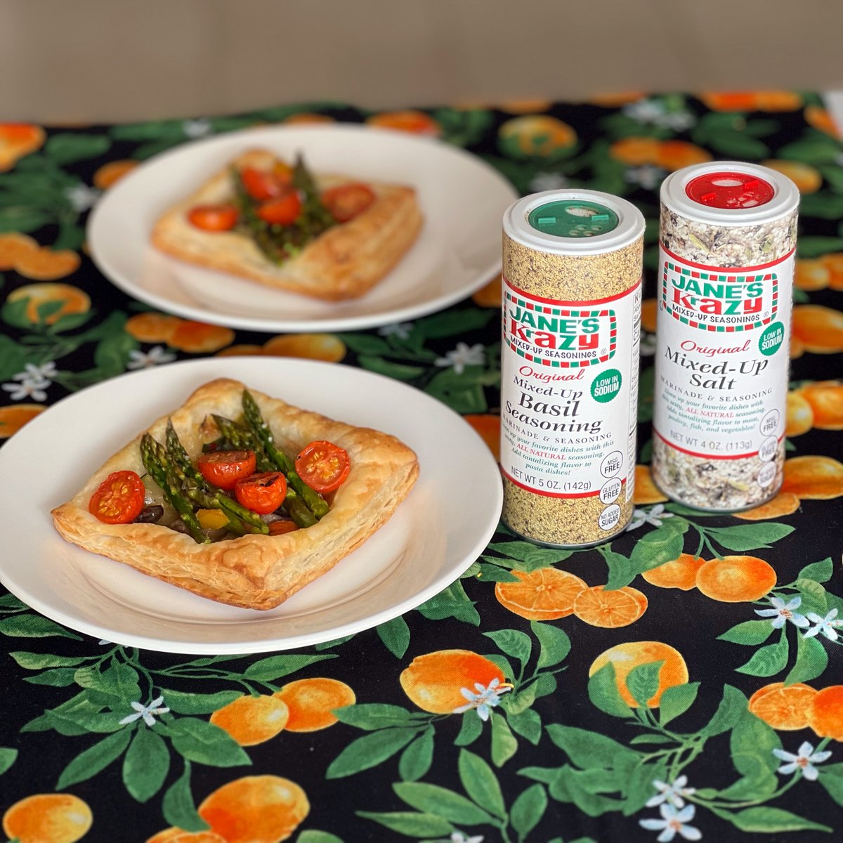 JanesKrazy's tweet photo. For an easy, elegant and flavorful vegan appetizer, toss your favorite veggies in olive oil with a healthy sprinkling of Jane's seasonings and bake them on top squares of vegan puff pastry. 
#WorldVeganDay https://t.co/YU1GQwqT4n