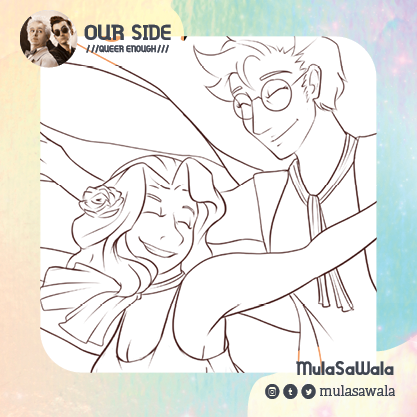 OurSideZine's tweet photo. Fem-presenting Aziraphale and androgynous Crowley dance at a Pride Parade in @MulaSaWala's gender nonconforming-themed piece 'Wear Your Pride'.

2 days left for our final season 1 project, 'Queer Enough'. Link in bio, Good Omens fans!

https://t.co/Tm64QvDq4R https://t.co/D5xfTXOsBv