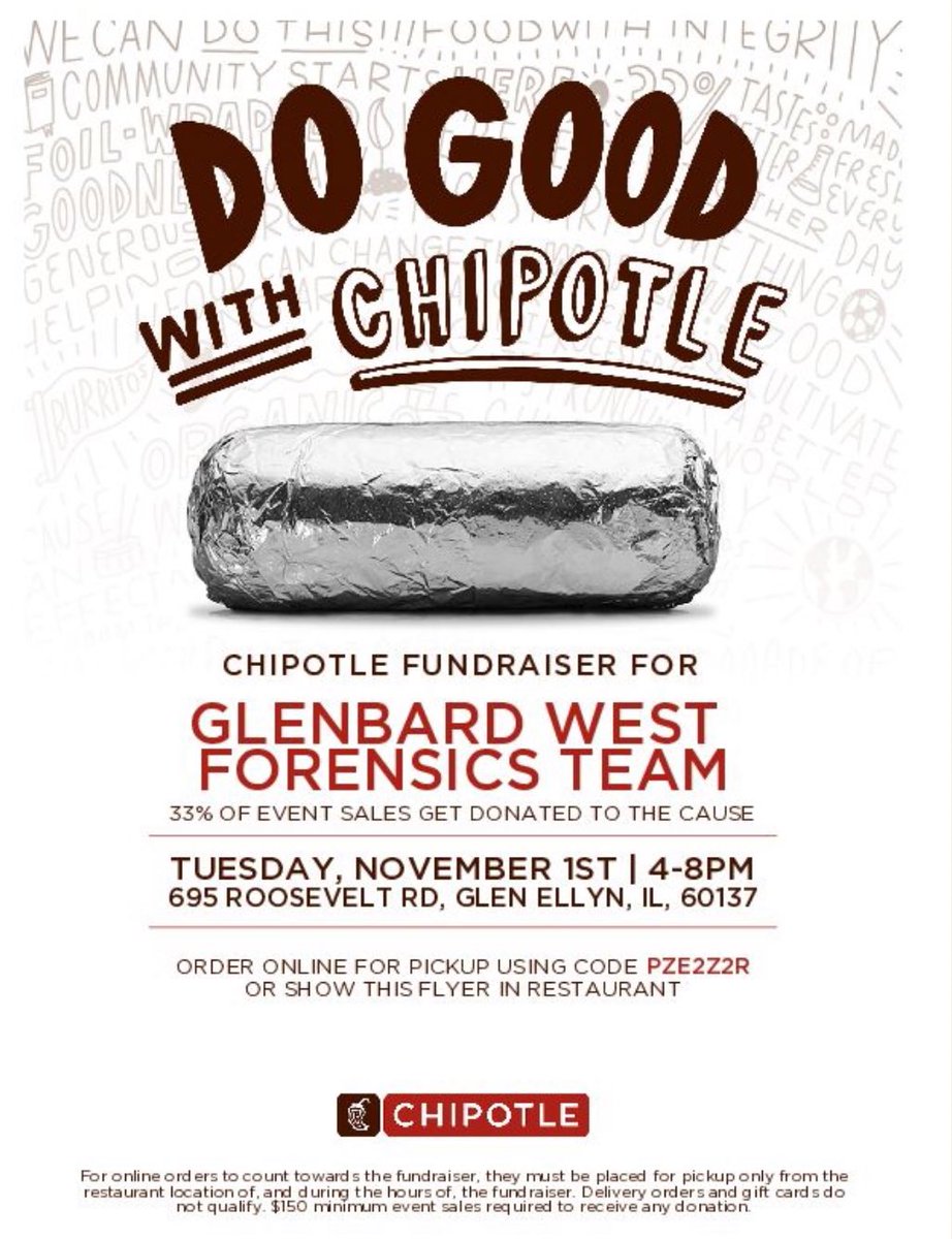 Join us at Chipotle tonight for our fundraiser! Show them this flyer or order online with our code. 4-8pm!