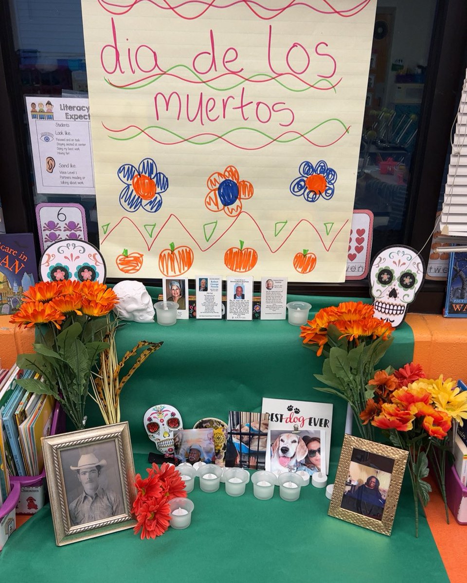 Kindergarten students honoring their lost loved ones with ofrendas for dia de los muertos .🤍💀🌸