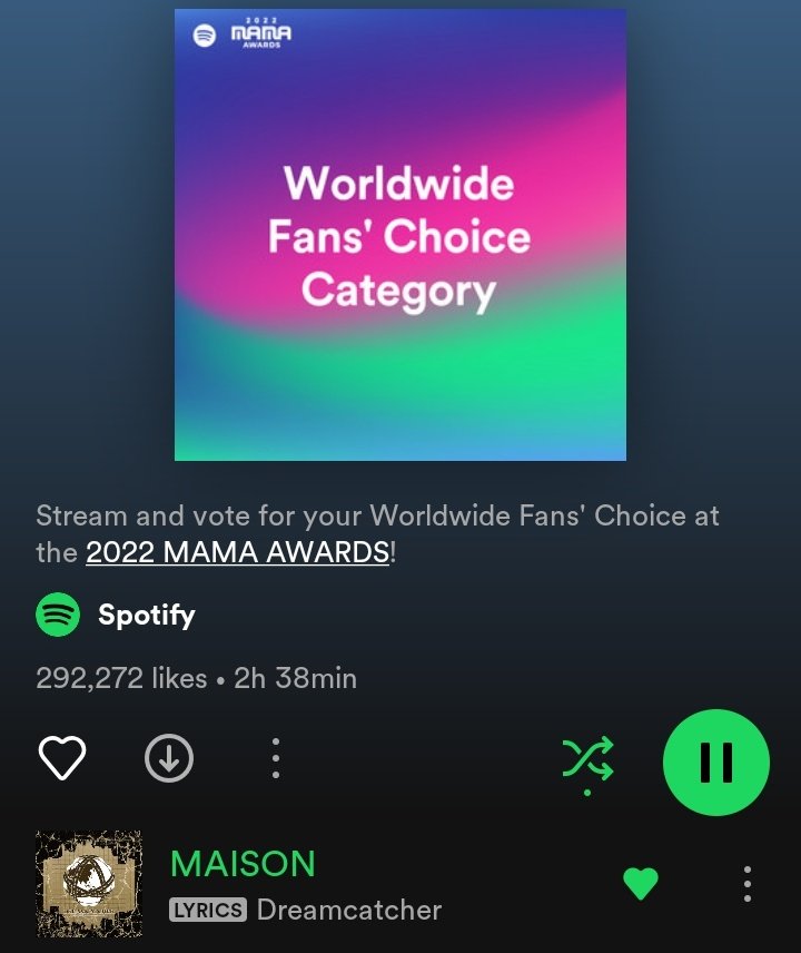 7_DREAMERS's tweet photo. [VOTE] DAY 10 / 221102 MAMA2022 Worldwide Fans' choice @hf_dreamcatcher

✅ RT to vote
✅ reply to this post with your daily vote
✅ RT other vote replies

🗳️ Vote on https://t.co/2odaTgA5LH
▶️ Play MAISON on Spotify MAMA playlist (x5)
🖥️ Stream MAISON MV

#MAMAVOTE #dreamcatcher https://t.co/mMLYbQJubs