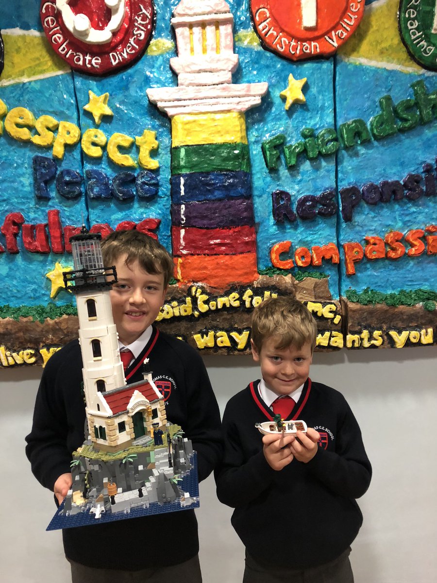 stthomasce's tweet photo. The lighthouse is an important symbol for our curriculum at St. Thomas’. These two have been working so hard over half term to create this amazing lego lighthouse with its own light up and moving beacon! It will look brilliant on display in our foyer! @LDSTEducation @LEGO_Group https://t.co/eRacqEBGML