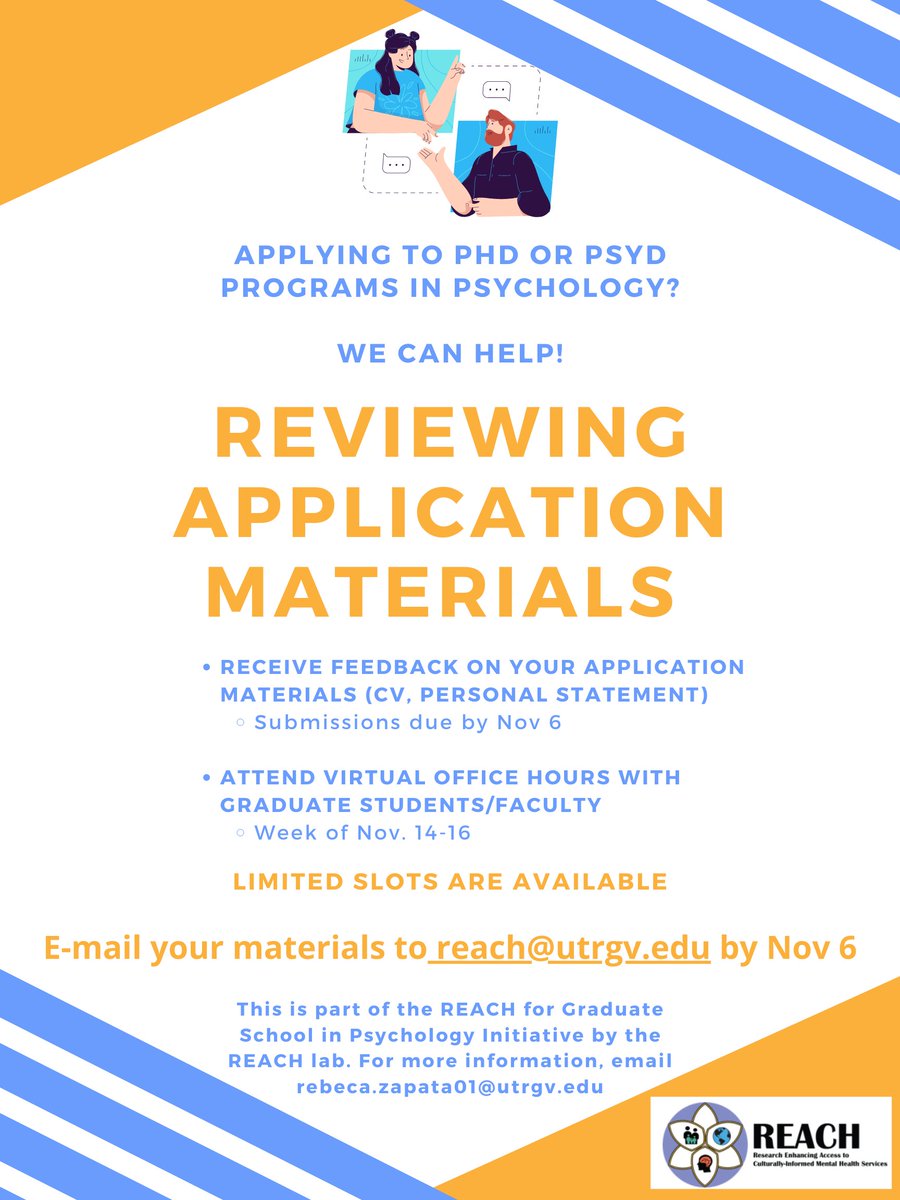 Juventinohr's tweet image. My research lab is reviewing grad school materials . Please share with  students! Deadline is Nov 6 (Sunday). The majority of reviewers are first-gen and/or Latinx scholars. Contact @zapabecky with any ?s. @1NLPA
@ABCTNOW  @SCCAP53 @APAMFP @TXPsychAssoc