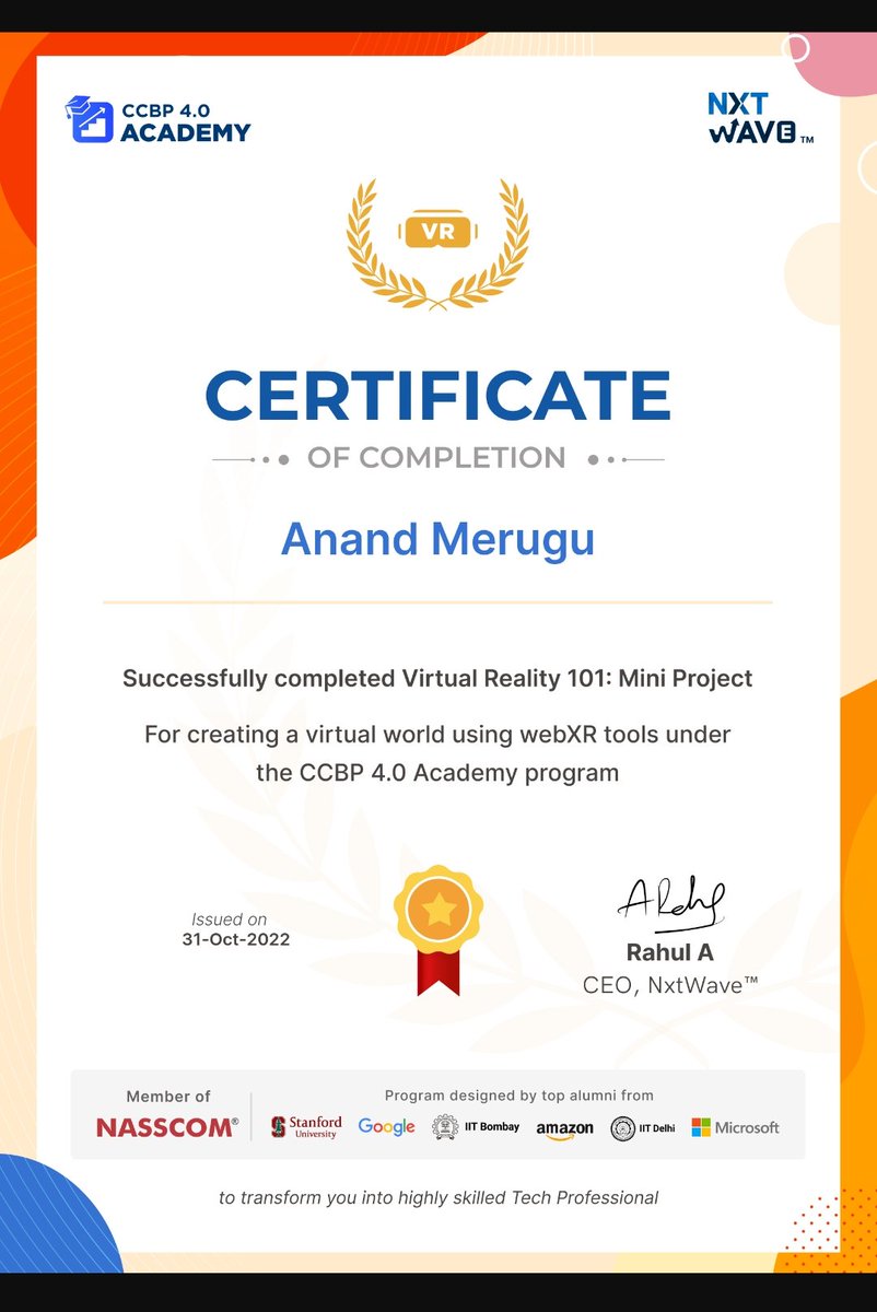 ANAND938144's tweet photo. Hi connections , This is to inform that I completed my VR-101 project and got certified from @nxtwave_tech  
Thank you #nxtwave for this opportunity
#ccbp #ccbpian #ccbpacademy 
@rahulattuluri @sashankreddy07 https://t.co/JJTqkgMA4C
