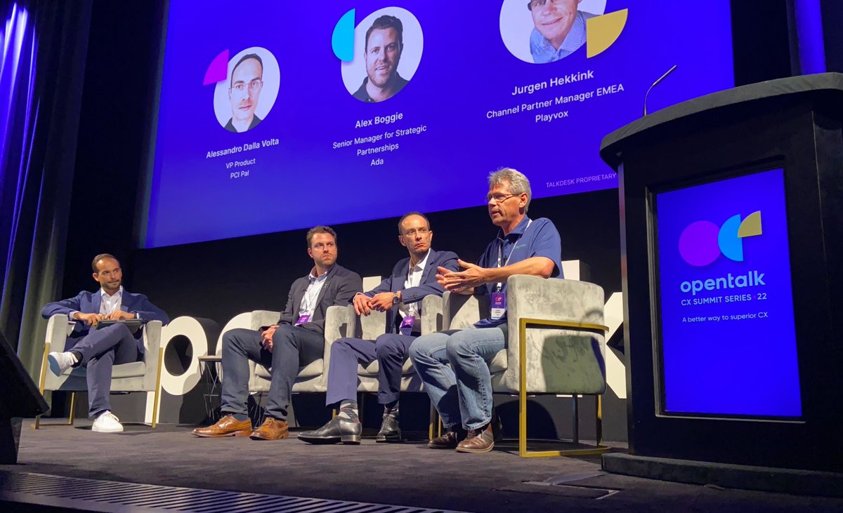 Talkdesk's tweet photo. Talkdesk #AppConnect partners @ada_cx, @PCIPAL, and @playvoxcx describe how their solutions can broaden #CX capabilities. Check out their offerings and other industry-leading apps: https://t.co/roBcj8Z1sL #Opentalk22 https://t.co/ZfNBzKJ6kh