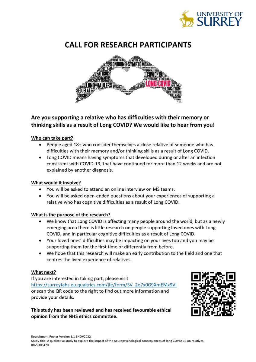 📣Call for Participants📣
I'm really keen to hear from relatives who are supporting people living with changes to their memory and thinking skills due to #LongCovid. See below for more info about interviews &amp; QR code. Please share widely, thank you!
