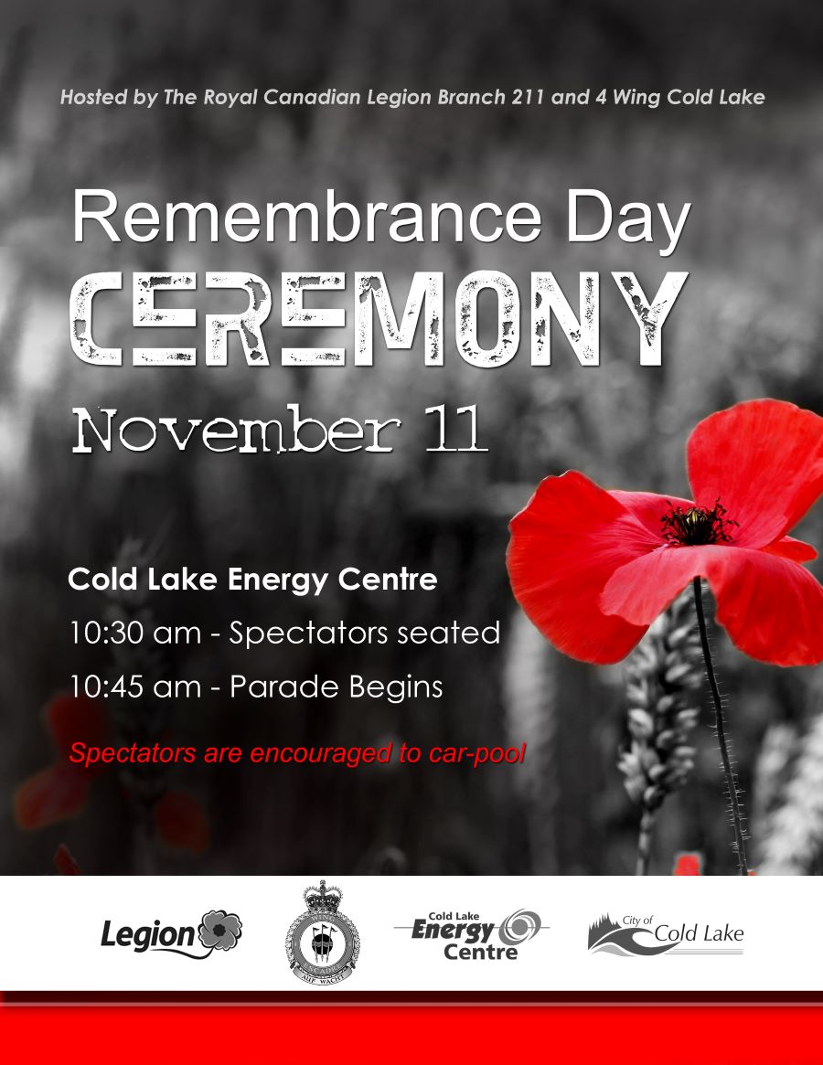 CityofColdLake's tweet photo. Please join us on Nov. 11 as we honour those serving, those who have served and those who gave the ultimate sacrifice. #LestWeForget
#RemembranceDay #CityofColdLake #RCL211 #4Wing https://t.co/HA9Ma9pC8s