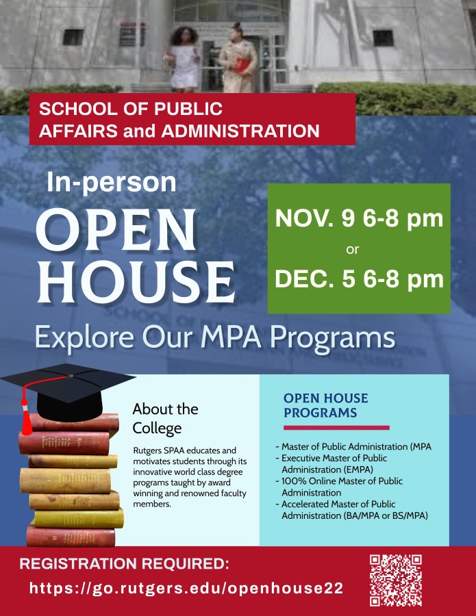 Join us at an in-person Open House to learn more about our MPA programs! Nov. 9 and Dec. 5 at 6-8pm. Register: go.rutgers.edu/openhouse22 #RutgersSPAA