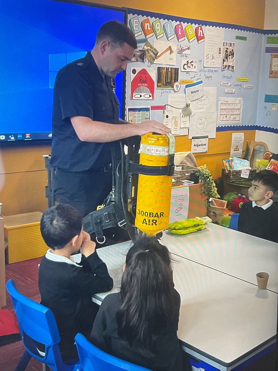 MarshfieldPS's tweet photo. An exciting afternoon for Year 2 with a visit from Richard the firefighter. Demonstrating the different equipment needed to perform their role. Real life learning ! #Amibition #CarltonEdge @AcademyCAT1 https://t.co/kvYLgdiFTS