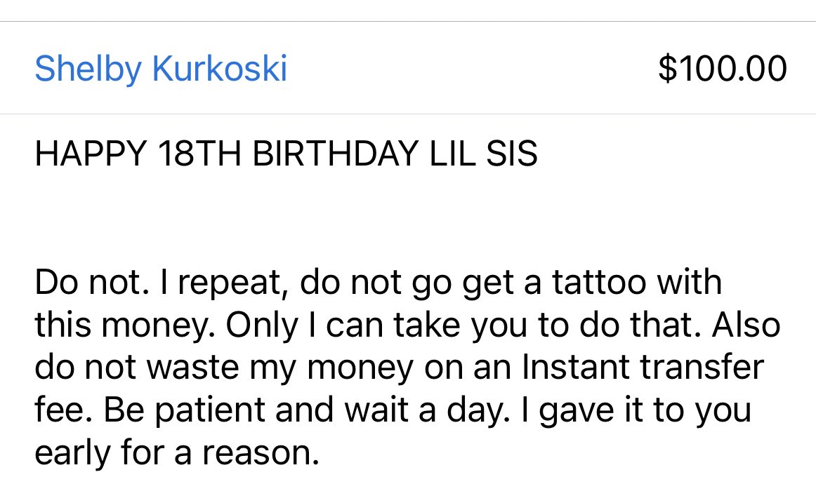 tmoore2121's tweet photo. Threatening my sister to not get a tattoo on her 18th birthday means I’m almost 25 

I’m fucking old https://t.co/5vq9AX687z