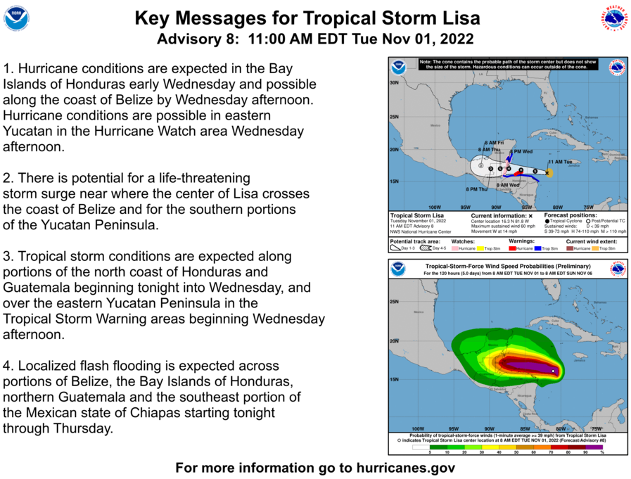 NHC_Atlantic's tweet photo. 11a EDT Nov 1: Tropical Storm #Lisa is intensifying over the western Caribbean Sea, and a #Hurricane Warning has been issued. Here are the Key Messages for Lisa- the latest advisory is at https://t.co/tW4KeFW0gB https://t.co/phFxwpR7iP
