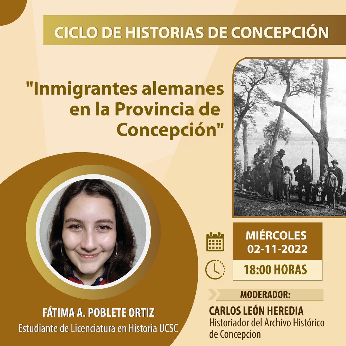 GHConce's tweet photo. “INMIGRANTES ALEMANES EN LA PROVINCIA DE CONCEPCIÓN” 

Esta sesión es parte de los resultados de investigación de Seminario de Grado que aborda la historia de la comunidad alemana en la provincia.

🗓️ Miércoles 2 de noviembre
⏰ 18:00 hrs.
📍Galería de la Historia de Concepción https://t.co/FGRsZLzDEW