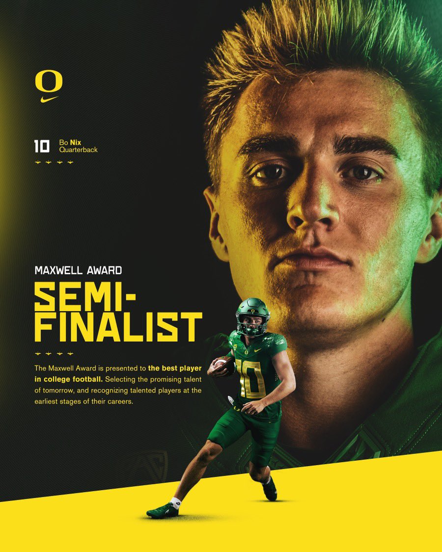 oregonfootball's tweet photo. Earned it. 

@BoNix10 is a semifinalist for the Maxwell Award, presented to the top player in college football 👏

#GoDucks x @MaxwellFootball https://t.co/HeUcNSb1Bu