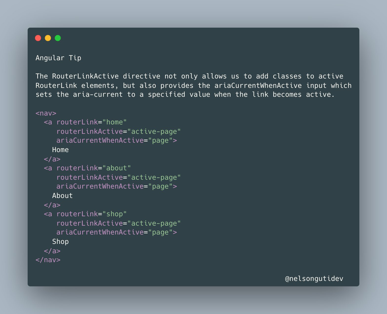 Nelson Gutiérrez on X: "#AngularTipTuesday The RouterLinkActive directive provides the ariaCurrentWhenActive input which sets the aria-current to a specified value when the link becomes active. #angular #accessibility https://t.co/XXnMf60okg" / X Nelson Gutiérrez on X: "#AngularTipTuesday The RouterLinkActive directive provides the ariaCurrentWhenActive input which sets the aria-current to a specified value when the link becomes active. #angular #accessibility https://t.co/XXnMf60okg" / X