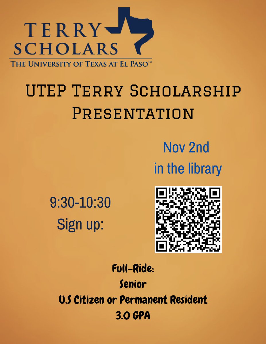 Tomorrow at the library 9:30-10:30 am we are have the Terry Scholarship presentation seniors sign up today to secure your spot 💜🧡 #Scholarships #fullride #opportunities #Soar2Success <a href="/Eastlake_HS/">Gilbert R . Martinez</a> <a href="/EHScounselors__/">Eastlake-Counseling</a>