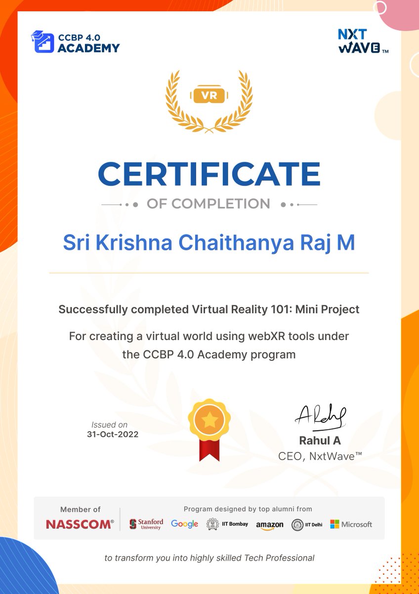 mskchaithanya's tweet photo. I'd like to thank @nxtwave_tech and @rahulattuluri for awarding me a certificate for completing the VR101 mini-project..
.
.
.
.
#project #vr #virtualreality #project #vr101 #nxtwave #ccbp #ccbpian #ccbpacademy #webxr https://t.co/4XrUGaYTpj