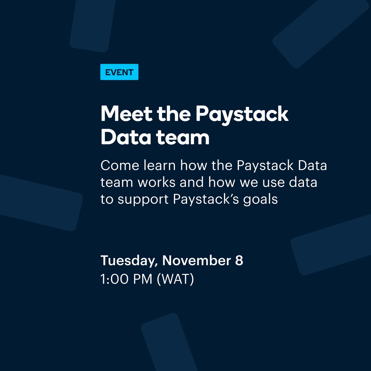 paystack's tweet photo. Hello #datafam 👏🏾

We’re hosting a webinar where we’ll share how we use data to make critical business decisions at Paystack. During this 60-minute session, you’ll meet members of our Data team and learn how we work ✨

📅 Tue, Nov 8
⏰ 1 pm (WAT)

RSVP 👇🏾
https://t.co/oQCGkXKa49 https://t.co/twHSYMTYNm