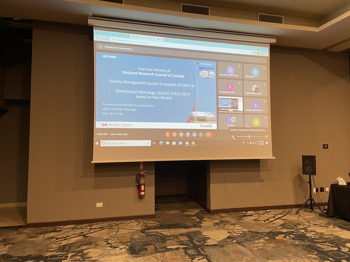 GeorgetteM's tweet photo. @IsabelleAmen of @NRC_CNRC doing the important work of presenting our QMS supporting #NRCMetrogy capabilities in dimensional measurements to the SIM QSTF during #SIMWeek hybrid meetings hosted by @SLBStandards https://t.co/z5eL1UU1Zp