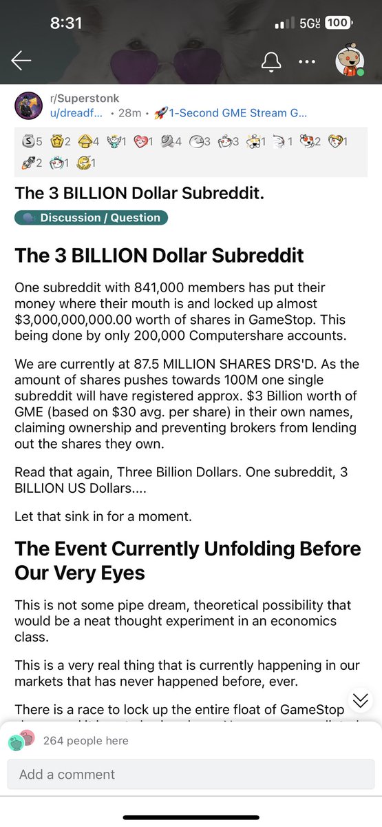 SahagunAdsr17's tweet photo. SUPERSTONK!! The $3,000,000,000 subreddit! #drsyoshit #drs #directregistration #gme #gamestop #stonks #shortsqueeze #lockthefloat @IIlIlIlllIlIIlI @cvpayne @ryancohen #stocks #stockmarket #citadel #KenGriffinLied #shortsneverclosed https://t.co/J4cvaZQyOz