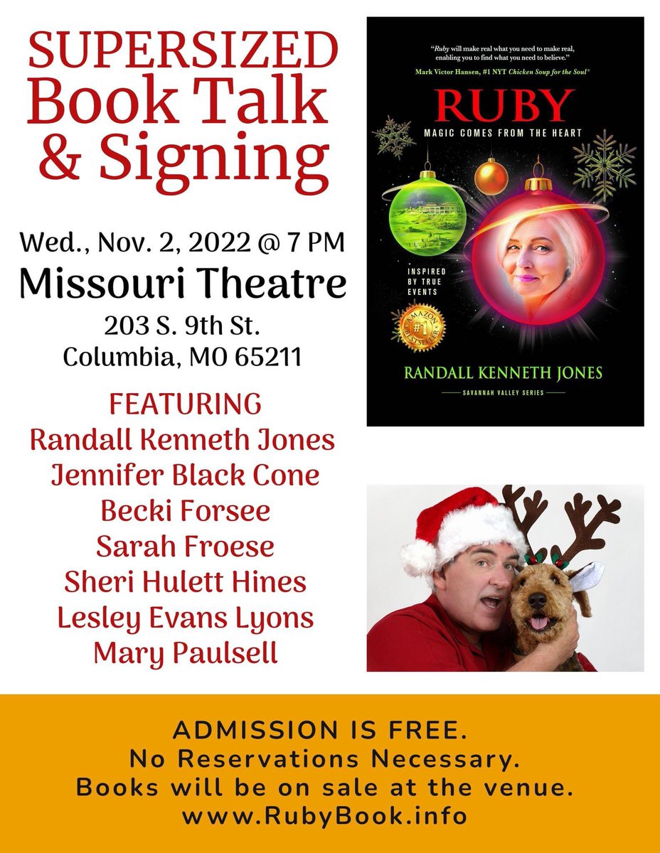 randallkjones's tweet photo. Tomorrow in #CoMO #ColumbiaMissouri #MidMissouri #Mizzou #MizzouComm #BookLaunch #NewBook #BookTalk #BookSigning #RubyBook #HolidayBook #Mystery #Folklore #Humor #Inspirational https://t.co/v3it1KvkJJ