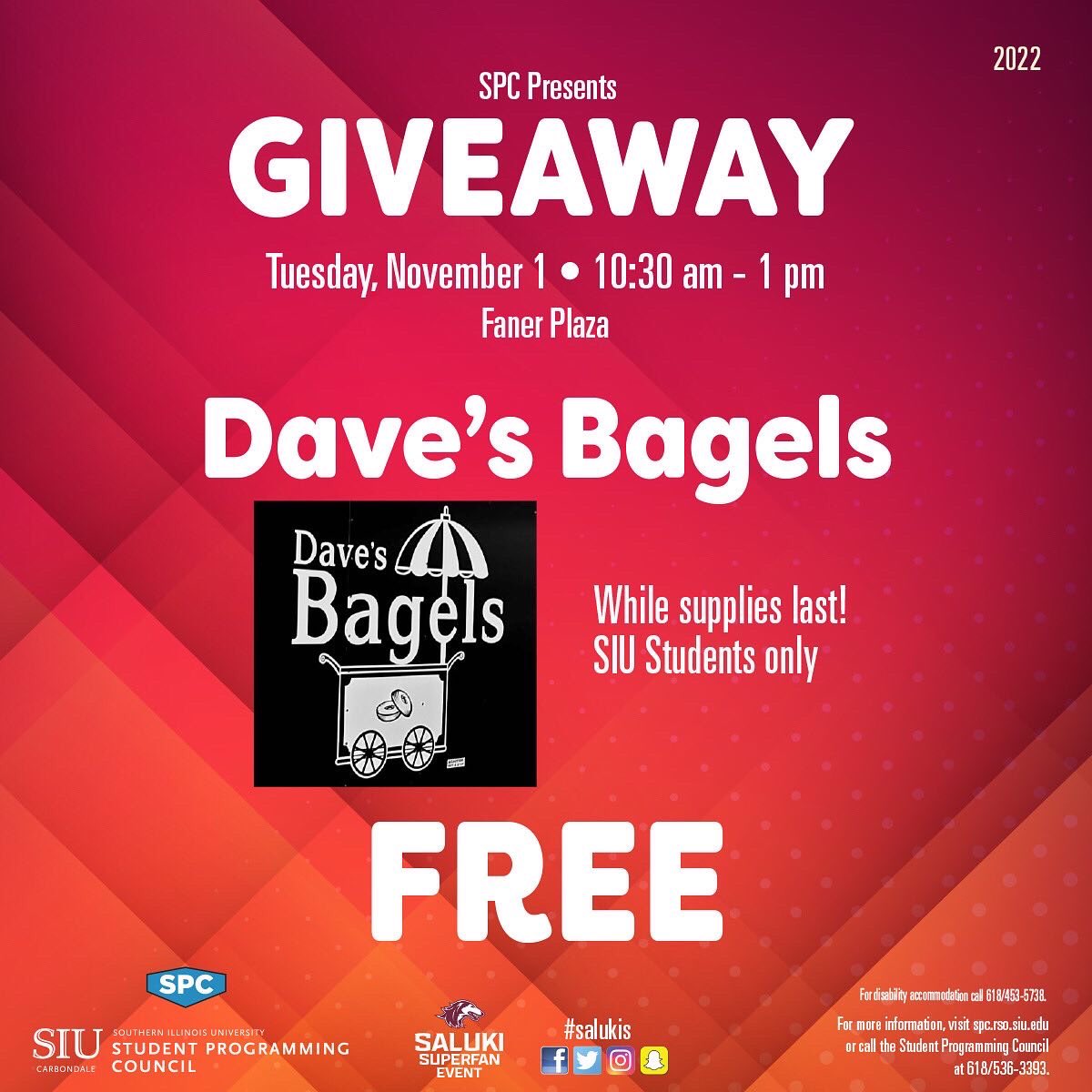 SPC_SIUC's tweet photo. That line must mean it’s a SPC Food Truck day!
Dave’s Bagels is back at @SIUC and will be here until 1:00 pm.
Free for students with student ID!
#foodtruck #eatdavesbagels #spc #thisissiu #getinvolved #freeforstudents https://t.co/WfZPSjz1LN