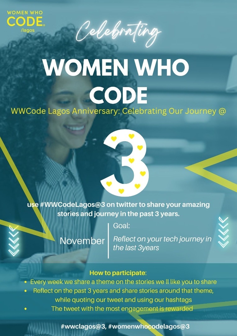 wwcodelagos's tweet photo. It’s our 3rd year anniversary🥳🎉
To celebrate this, we have amazing rewards that you can win🎁

Here’s how you can participate🧵

✅Every week we share a theme on the stories we'll like you to share. https://t.co/YQA8VJ1CLv