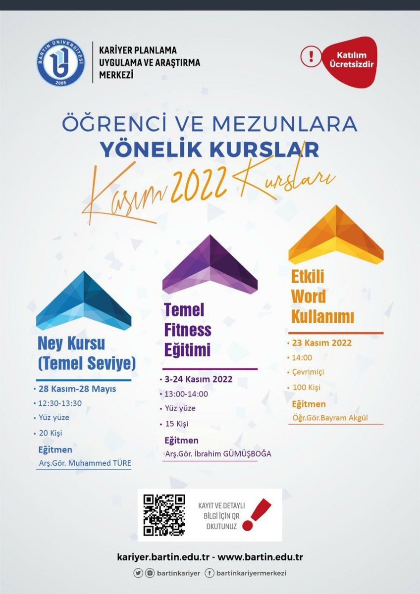 Sevgili öğrencilerimiz ve mezunlarımız,geçen yıl olduğu gibi  bu yıl da kişisel ve kariyer gelişiminize destek olmak üzere her ay ilginizi çekeceğinizi düşündüğümüz konularda kurslar planladık.Kasım ayı kurslarımız ile başlıyoruz. Biz hazırız ya siz!!!!@bartinedu <a href="/bartinkariyer/">Bartın Üniversitesi Kariyer Merkezi</a>