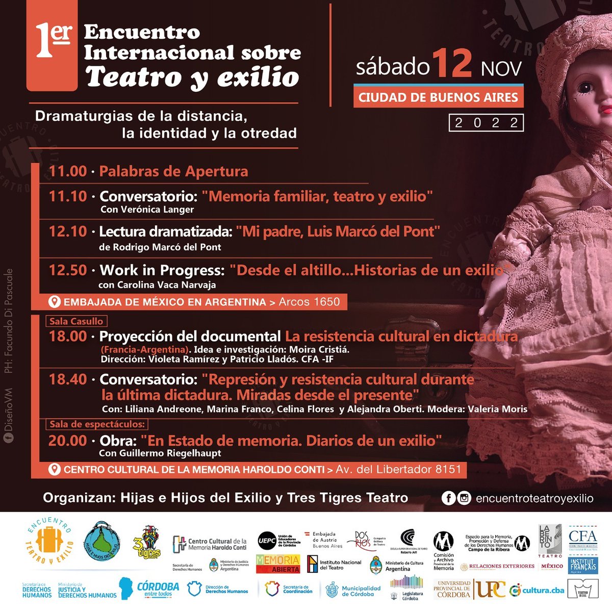 EmbaMexAr's tweet photo. @EmbaMexAr invita al 1er. Encuentro Internacional sobre Teatro y exilio.  El sábado 12/11 recibimos a la primera actriz @verolanger, a Carolina Vaca Narvaja y a Rodrigo Marco del Pont. Entrada libre. Cupo limitado a 40 pesonas con inscripción previa en cooperacionarg@sre.gob.mx* https://t.co/Zk143kyYqv