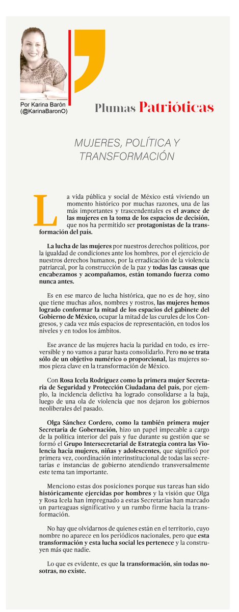 KarinaBaronO's tweet photo. Esta semana, El @SoberanoSur dedica la edición completa a las #Mujeres. Les comparto mi aportación, sobre las mujeres en el #4T de México. https://t.co/qtevCZcXfh