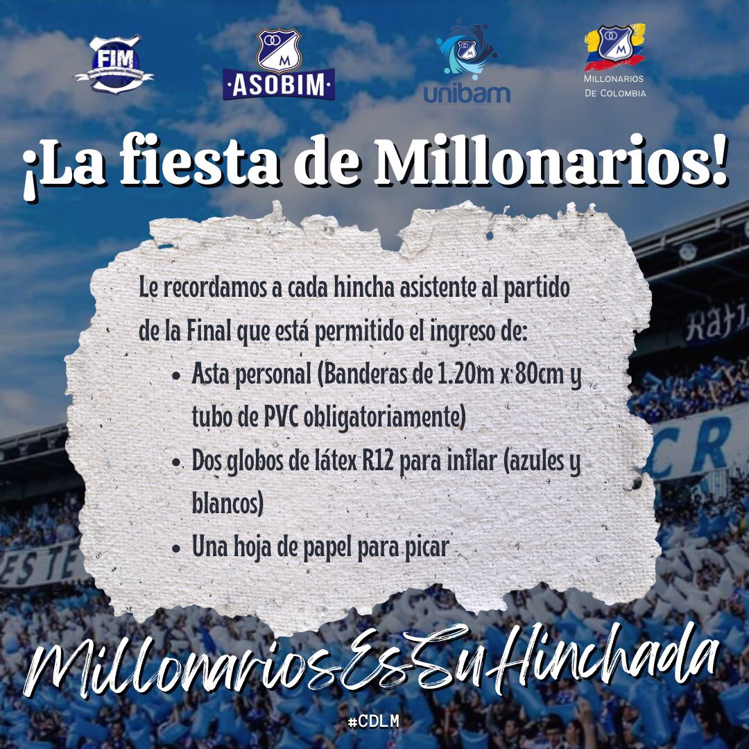 LBOriente's tweet photo. ¡Sumémonos todos a la fiesta del Embajador!

Invitamos a todos los asistentes al partido para que participen en las tribunas de Oriental y Occidental con el apoyo al equipo.

Todos estos elementos están autorizados.
#VamosPorElCampeonato #CDLM #MillonariosEsSuHinchada
🔵⚽️⚪️ https://t.co/DrjfxFFbkA
