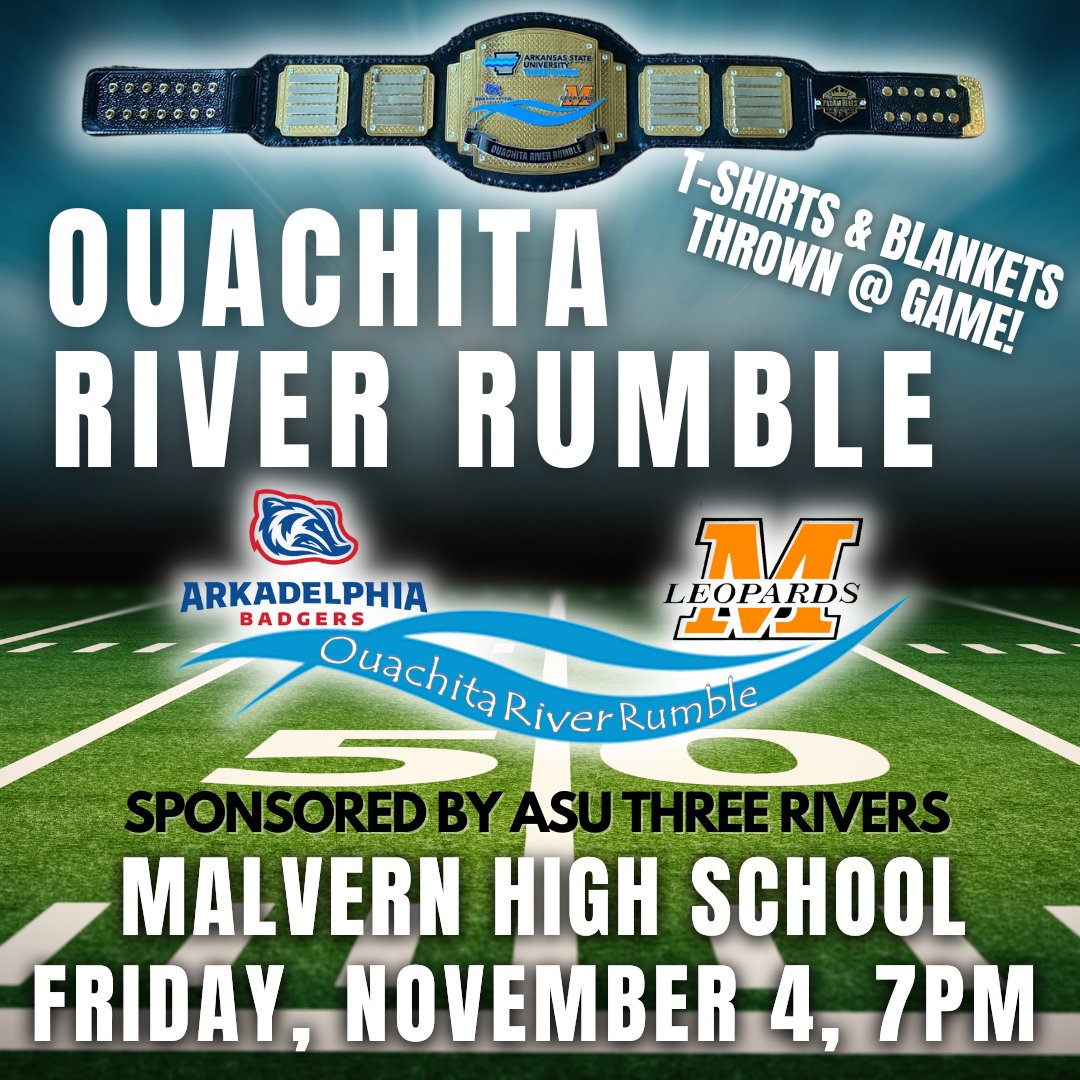 ASUThreeRivers's tweet photo. It is Ouachita River Rumble Week!! Arkadelphia visits Malvern Friday night to see who lays claim to the ASU Three Rivers ORR Championship Belt.
#ASUTR #ouachitariverrumble2022 https://t.co/lJYispSGFF