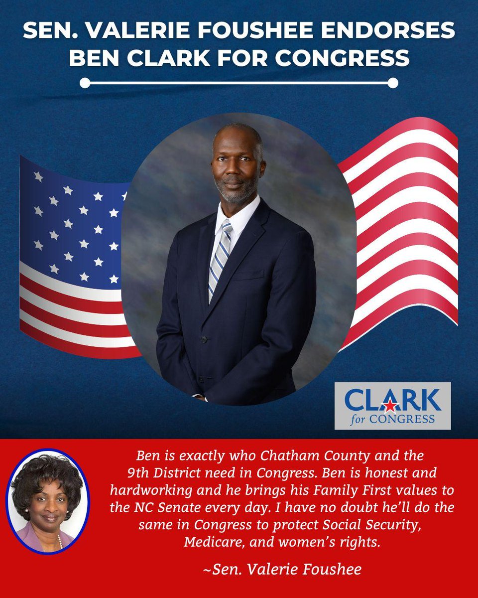 ENDORSEMENT ALERT: Sen. Foushee Endorses Clark for Congress

Foushee: Ben is exactly who Chatham County and the 9th District need in Congress.
BenClarkNC.com #FlipThe9th #NC09 #ncpol