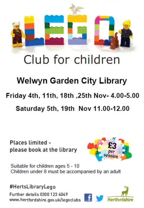 WGC_Central_Lib's tweet photo. The Lego Club for children at WGC Library continues in November every Friday afternoon 4-5pm and every other Saturday morning 11am-12pm. 

Book your place at the library. £3 per session. Check out the poster for all the details. We look forward to seeing you!

#HertsLibraryLego https://t.co/v29KjITLJs