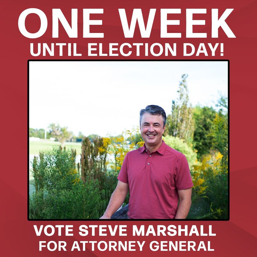 Only one week until Election Day! Let us know in the comments if you plan to vote for Steve Marshall.