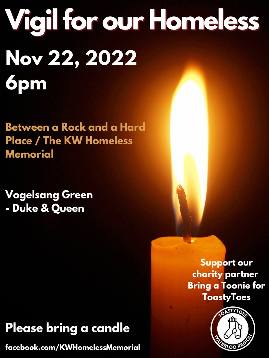 Join us! 

Vigil for our Homeless taking place on Nov 22 in #DTKitchener to mark #NationalHousingDay &amp; remember those who’ve lost their lives while homeless on our streets. 

We’re honoured to be selected as the charity partner. Please bring a #Toonie4ToastyToes to donate

🧵 1/4