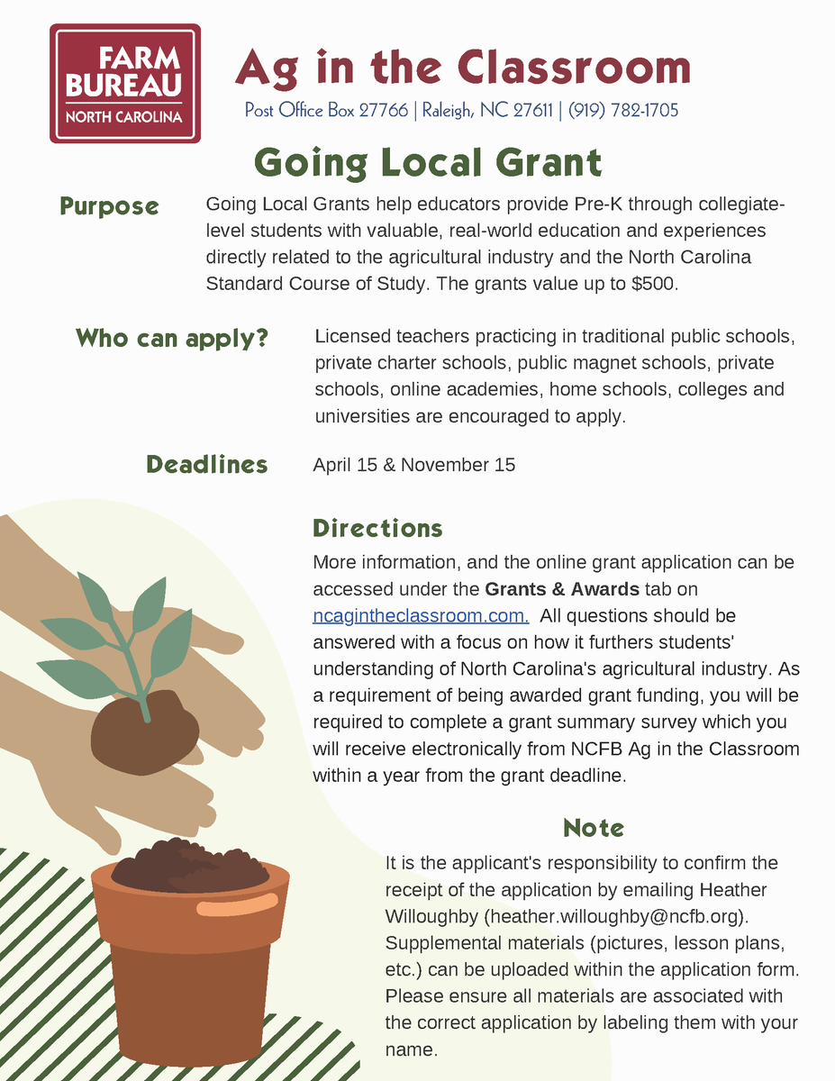 Reminder that our Going Local Grant deadline is November 15th! We are funding ag projects for Pre-K through collegiate-level educators. 💸💸💸 
ncfb.org/ag-in-the-clas… <a href="/ncfarmbureau/">NC Farm Bureau Federation</a>