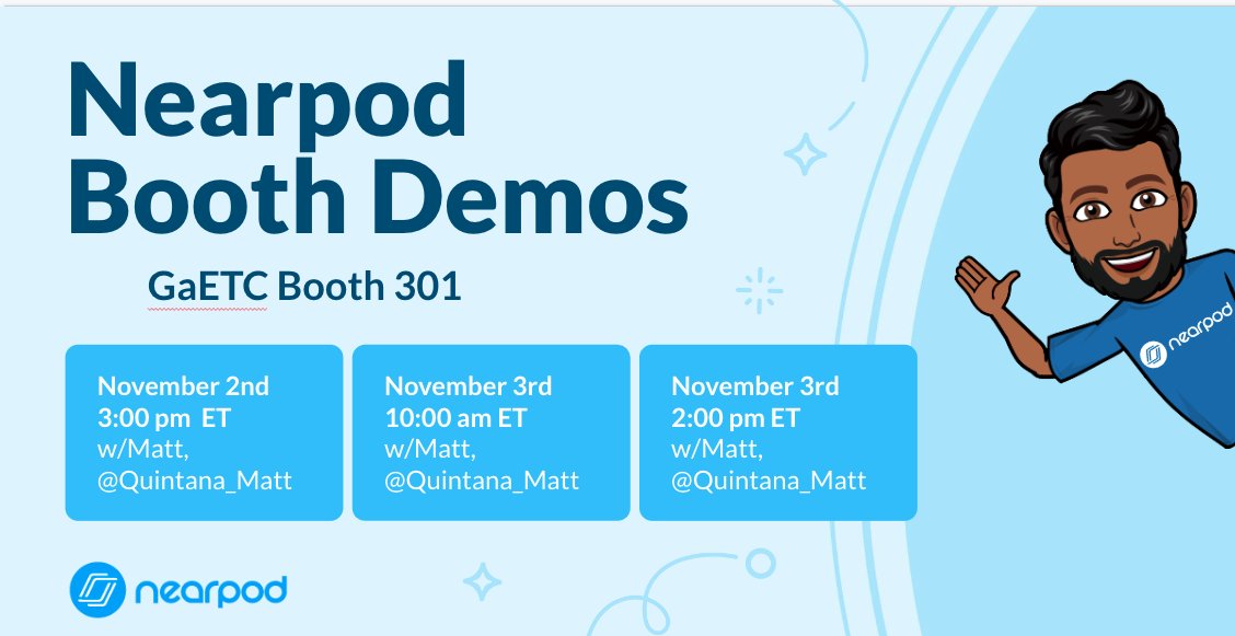 Matthew Quintana (@quintana_matt) on Twitter photo The Schedule has been set for #GaETC2022. Come join me and learn more about #Nearpod at #301 for our specific Booth Demos. I have three of several different presentations. Stop by for the rest of the schedule!
#edtech The Schedule has been set for #GaETC2022. Come join me and learn more about #Nearpod at #301 for our specific Booth Demos. I have three of several different presentations. Stop by for the rest of the schedule!
#edtech