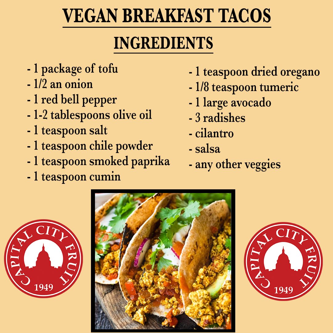 Try our new easy-to-make vegan breakfast taco recipe. Most of the ingredients are available from our recipe page at capitalcityfruit.com/vegan-breakfas….  We hope you will add this to your own recipe book.