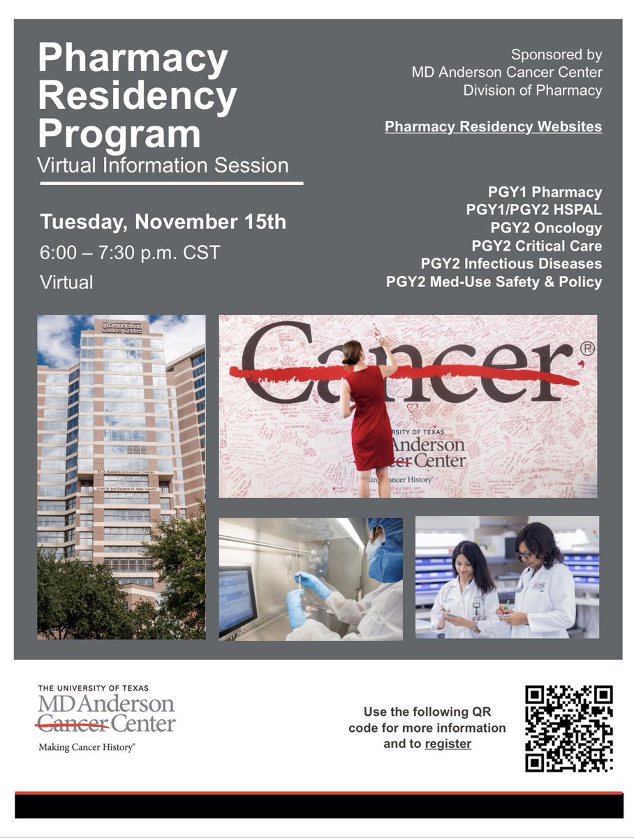 eltrombopaige's tweet photo. Interested in pharmacy residency at an institution that serves a unique population, has great preceptors &amp; resources? 
Join us November 15th 6-7:30pm CST on Zoom for a virtual info session about @MDAndersonNews pharmacy residency programs. 

Register here: https://t.co/bR8OAmSjQ6 https://t.co/f9iXmgmKaV