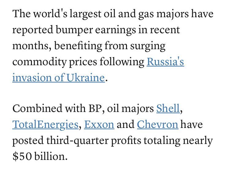 keithellison's tweet photo. Major oil cos. incl Exxon have posted $50 BILLION in profit in just 3 mos. Think high prices are just “inflation”? It’s PROFITEERING. CEOs will get record bonuses, we’ll keep struggling—and my Wall St opponent keeps *praising* oil cos. & criticizing my lawsuit against Exxon. 🤔 https://t.co/3RqWgDNZvE