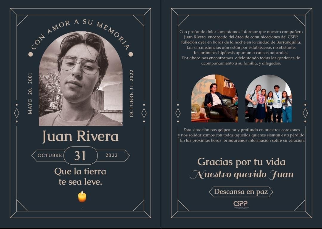 comite_CSPP's tweet photo. Desde el CSPP lamentamos informar el fallecimiento de nuestro querido compañero y amigo Juan Rivera. Toda la solidaridad con su familia y allegados. 
Esta situación golpea profundamente nuestros corazones. 
Gracias por tu trabajo, vida y cariño Juanito. https://t.co/QDmkg2YFNY