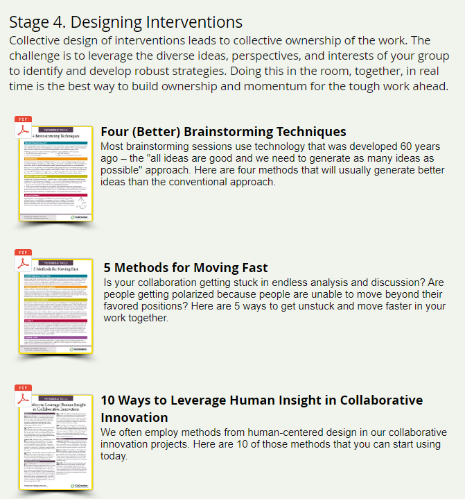 Lots of free resources in the @WeAreCoCreative toolbox for solving complex problems collaboratively. 5 sections: 1) Shared intent 2) Connecting the change system 3) Learning about the larger system 4) Designing interventions 5) Making solutions 6) Scaling: wearecocreative.com/tools
