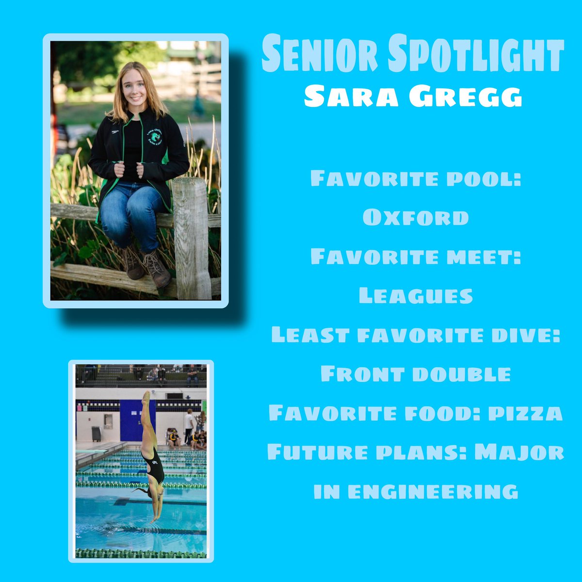 Our next Senior Spotlight: Sara Gregg! Sara is a diver and has been on the team for 2 years :)