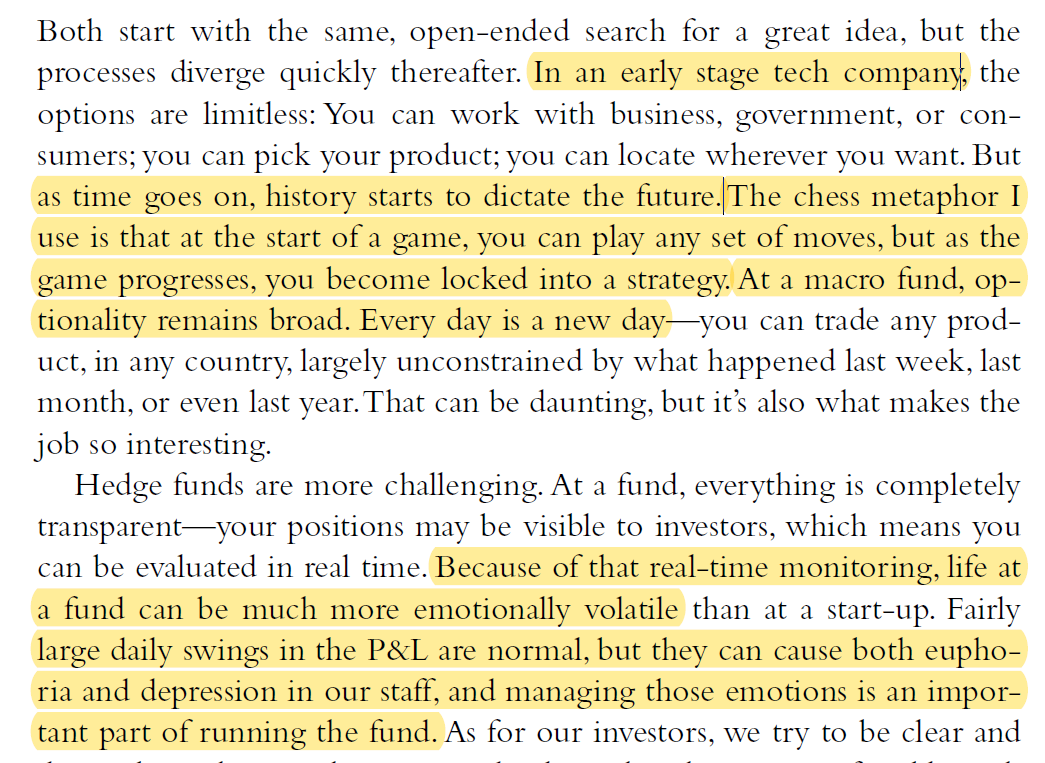 FrederikNeckar's tweet photo. Peter Thiel on startups vs. hedge funds: "The chess metaphor I use is that at the start of a game, you can play any set of moves, but as the game progresses, you become locked into a strategy. History starts to dictate the future. At a macro fund, optionality remains broad." https://t.co/1iouK5FMOj