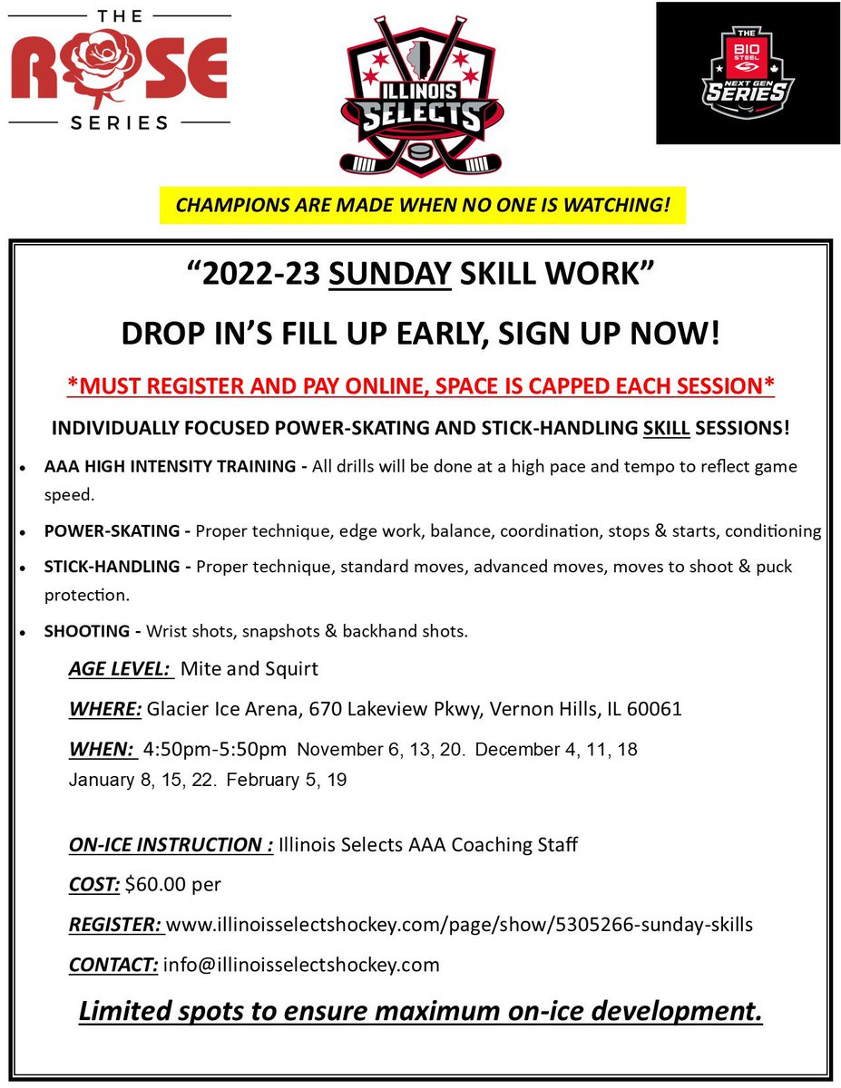ATTENTION MITE &amp; SQUIRTS!ONLY 4 SPOTS LEFT FOR THIS SUNDAY NOVEMBER 6!
SIGN UP NOW AT illinoisselectshockey.com