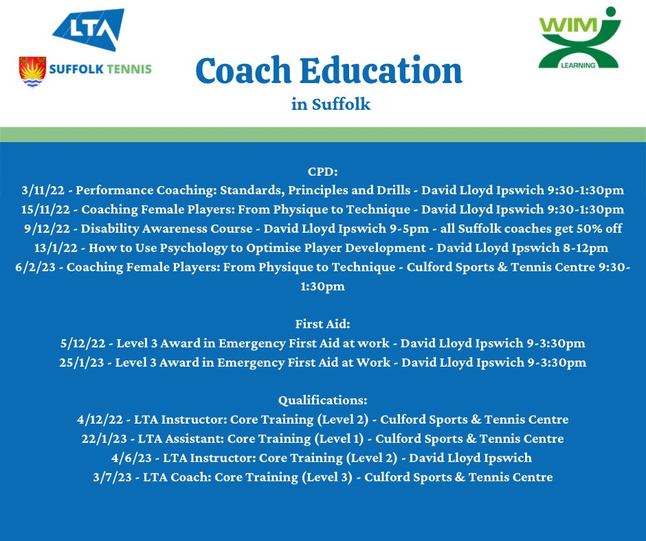Suffolk LTA (@ltasuffolk) on Twitter photo Coaches, check out the Coach Education opportunities we have coming up in the County with <a href="/WimXLearning/">WimX Learning</a> ⬇️ Coaches, check out the Coach Education opportunities we have coming up in the County with <a href="/WimXLearning/">WimX Learning</a> ⬇️